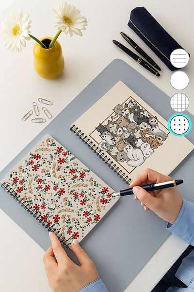 Eldesen Tasarım Set of 2 Dotted Notebooks, A5 Size 50 Sheets 100 Pages Set of 2, with Cat