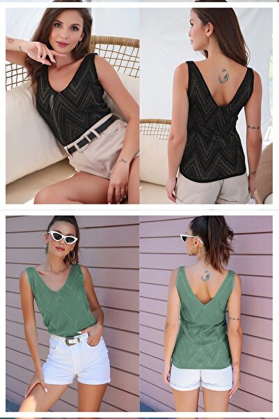 TRQOM Γυναικεία μπλούζα με λαιμόκοψη V με λαιμόκοψη αμάνικη λεπτομέρεια - Πακ...