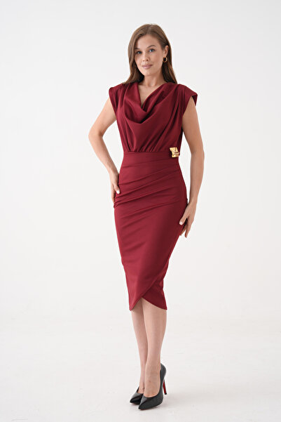 bayansepeti Burgundy Stretchy Crepe Fabric Wrap Cut Padded Accessory Detailed Degaje Collar Midi Burgundy Dress 77119