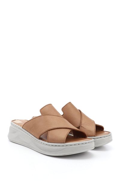 GÖNDERİ(R) Γυναικείες/Κορίτσια Tan Cross Banded Wedge Heels Γνήσιο δέρμα Comfort Παντόφλες