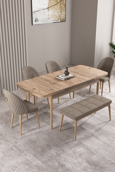 asaella mobilya Milas Atlantik Çam 80x132 Mdf Açılabilir Mutfak Masası Takımı 4 Sandalye, 1 Bench