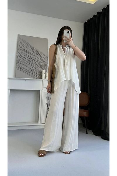 My Blog White Viscose Blouse Wide Leg Pants Set - 51182
