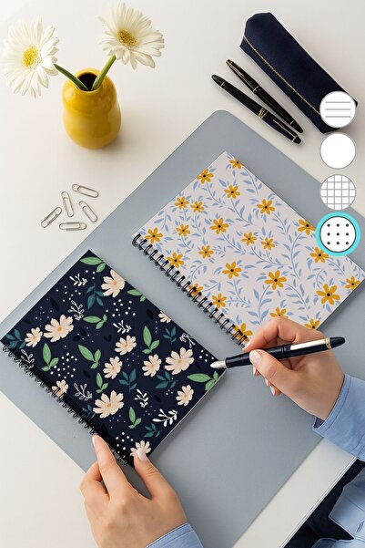 Eldesen Tasarım Set of 2 Dotted Notebooks, A5 Size 50 Sheets 100 Pages Set of 2, Daisy