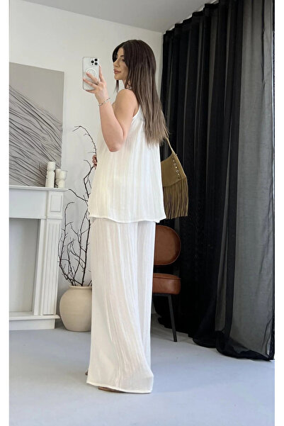My Blog White Viscose Blouse Wide Leg Pants Set - 51182