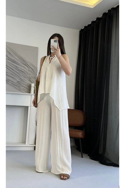 My Blog White Viscose Blouse Wide Leg Pants Set - 51182