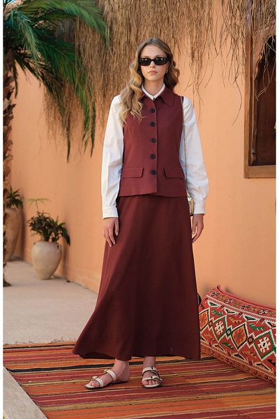 Fatma Atasoy Linen Burgundy Flared Skirt