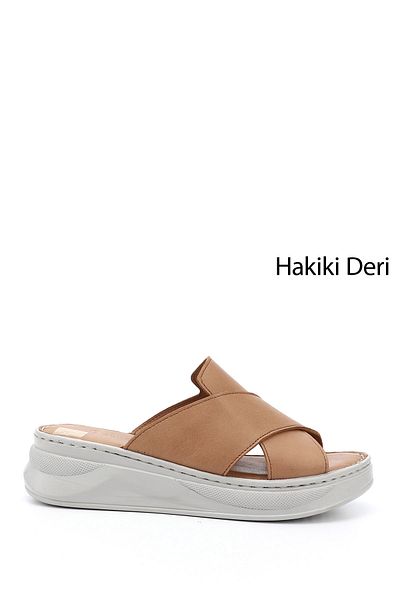 GÖNDERİ(R) Γυναικείες/Κορίτσια Tan Cross Banded Wedge Heels Γνήσιο δέρμα Comfort Παντόφλες