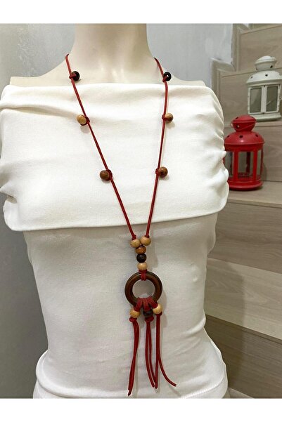 canan dizayn Bohem Otantik Ahşap Halka Kolye Kırmızı