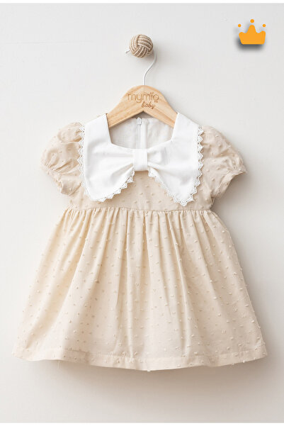 Mymio 6-24 Ay Kız Bebek Çocuk Fiyonk Yakalı Nopeli Dokuma Kumaş Yazlık Bayramlık Elbise Kahverengi 4395