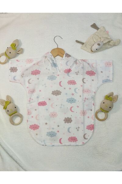 Fronte Home Muslin Children's Poncho Pink Cloud Patterned 100% Cotton