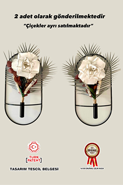 MetaQuartz Aksesuar 2 Li SİYAH Oval Çiçeklik , Modern Dekoratif Metal Duvar Ç...