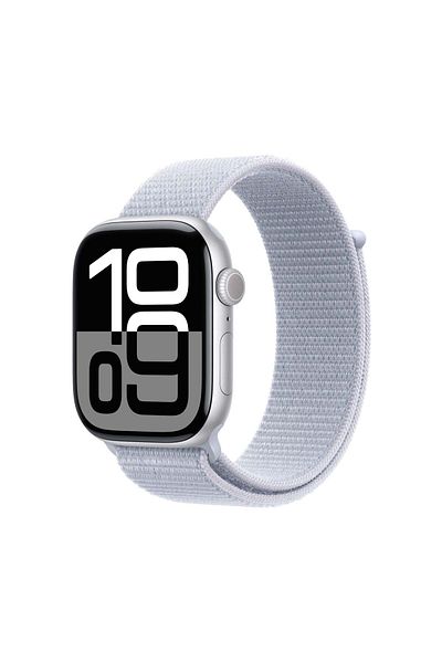 Apple ساعة سيريس 10 جي بي إس 46 مم هيكل من الألومنيوم الفضي مع حزام رياضي أزرق
