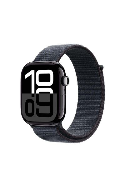 Apple ساعة Series 10 GPS مقاس 46 مم بهيكل من الألومنيوم باللون الأسود النفاث مع حزام رياضي Ink