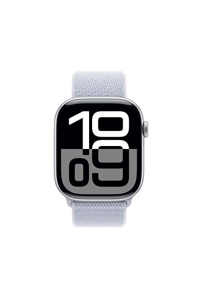 Apple ساعة سيريس 10 جي بي إس 46 مم هيكل من الألومنيوم الفضي مع حزام رياضي أزرق