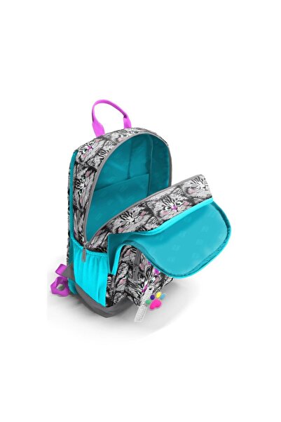 Coral High Gray Cat Patterned Four Compartment School Backpack 23638