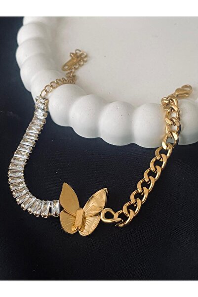 KANERUZ لون ذهبي، حجر زركون، تصميم خاص على شكل فراشة، سوار فولاذي