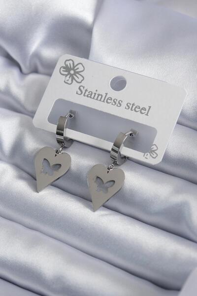 Celira Steel Silver Color Heart Model Butterfly Embroidered Women's Earrings