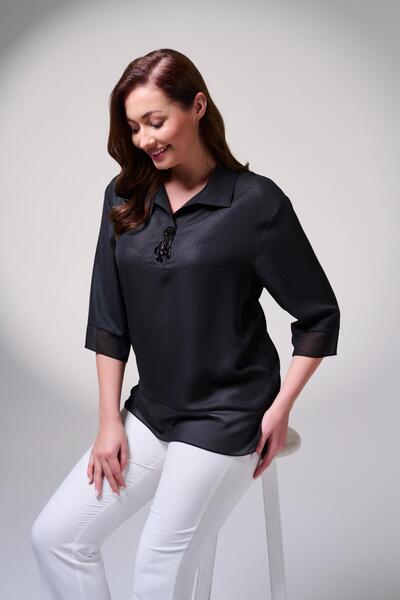 DE WHITES Plus Size Shoulder Part Embroidered Bluz