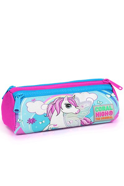 Coral High Unicorn Patterned Blue Neon Pink Pencil Bag - Three Compartments 22011
