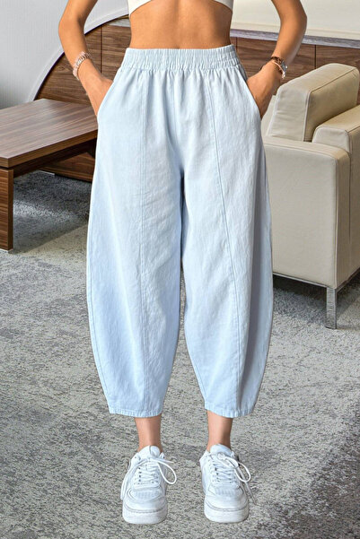 Nana & Mayka Moda Жіночі блакитні шаровари, вільні штани, чотири сезони, зручні, бавовняні, на резинці, щоденна модель, габардин