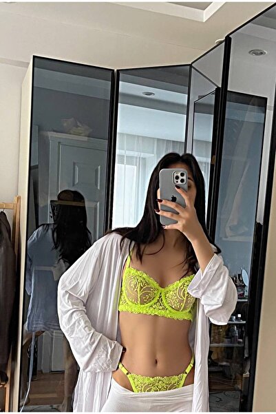 RUYAZ Set de sutien de lenjerie intimă pentru femei din dantelă galben neon -...