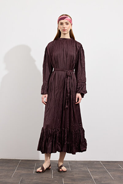 EMNORA Velora Crush Saten Elbise Burgonya