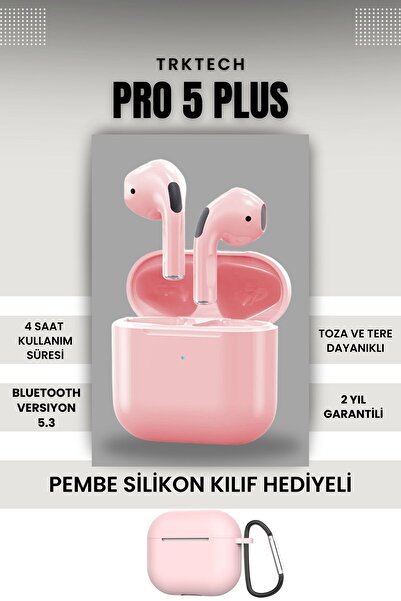 TrkTech Kılıf Hediyeli Pembe Pro 5 Plus Premium A Kalite Bluetooth Sürüm 5.3 Bluetooth Kulaklık