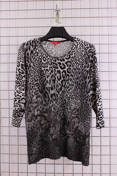 YXL COLLECTION Women's Large Size Lycra Black and White Leopard Shawl Pattern 3/4 Three Quarter Sleeve Mother T-Shirt Blouse