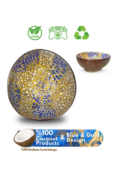 Coconut Products Mavi & Gold Desenli Hindistan Cevizi Kase