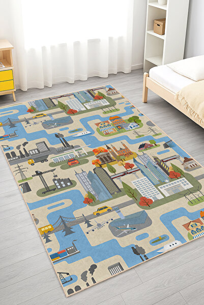 Realhomes Canlı Renklerde Şehir Temalı Yıkanabilir Kaymaz Taban Halı - Çocuk ...