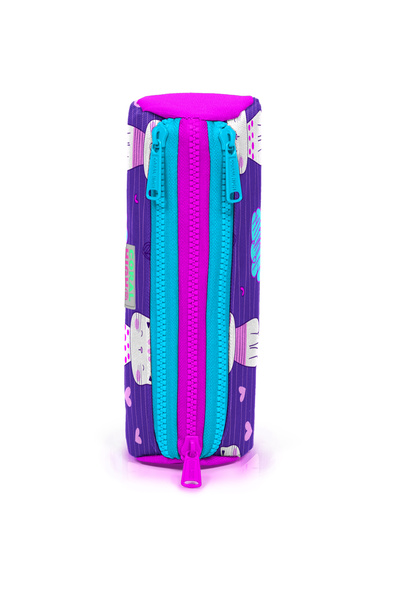 Coral High Kids Purple Cat Patterned Three Compartment Pencil Bag 22304