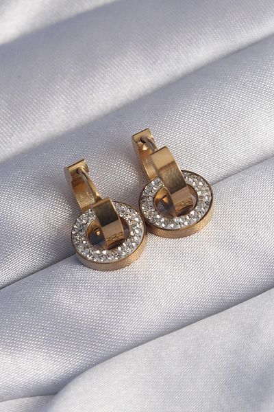 Celira Steel Gold Color Zircon Stone Interlocking Oval Earrings