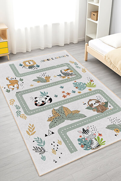Realhomes Canlı Renklerde Orman Hayvanları Temalı Yıkanabilir Kaymaz Taban Halı