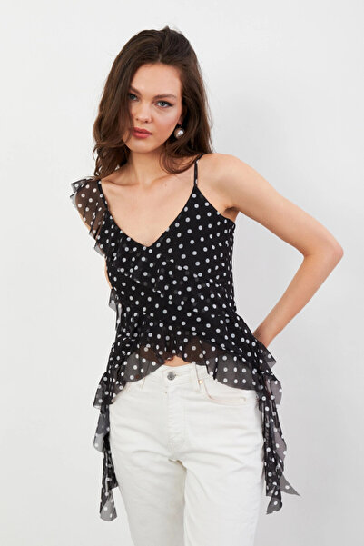 Cool & Sexy Γυναικεία μπλούζα σιφόν με βολάν με μοτίβο πουά μαύρο-εκρού FS033