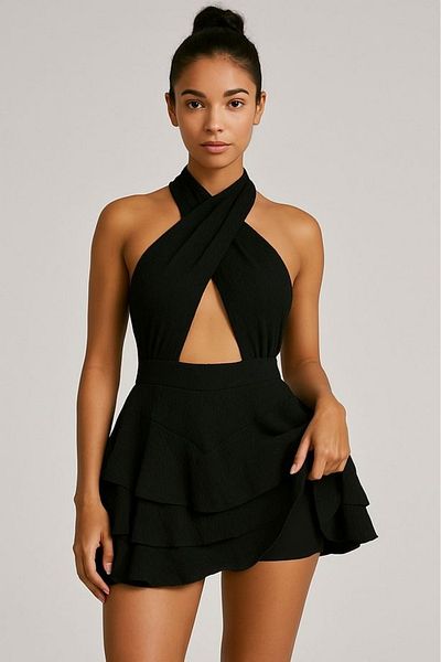 escadess Mykonos Halter Cross Tie Shorts Dress