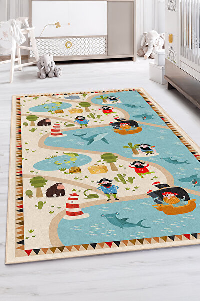 Realhomes Deniz Temalı Korsan Desenli Yıkanabilir Kaymaz Taban Halı