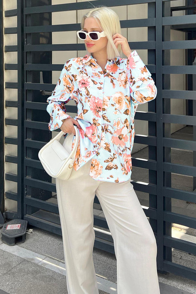 Madmext Bebe Mavisi Çiçek Desenli Saten Gömlek Mg1787