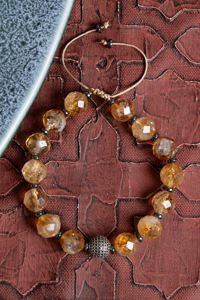Saff Doğal Taş Certified Faceted Citrine & Hematite Natural Stone Macrame Bracelet