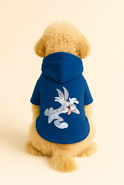 Monopetz سويت شيرت من الصوف بغطاء للرأس ملابس للكلاب والقطط - أرنب باغز أزرق