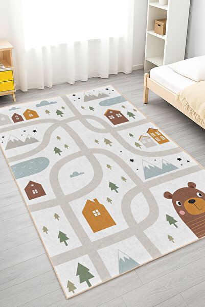 Realhomes Eğlenceli Evler ve Ağaçlar Desenli Çocuk Odası Yıkanabilir Kaymaz T...