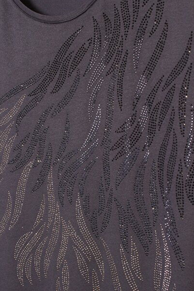 YXL COLLECTION Women's Plus Size Lycra Crew Neck Stone Print Short Sleeve Mom T-Shirt Blouse - Gray