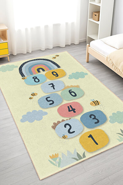 Realhomes Renkli Bulut ve Arı Desenli Çocuk Odası Yıkanabilir Kaymaz Taban Halı