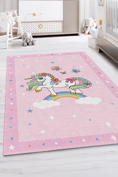 Realhomes Unicorn Desenli Pembe Çocuk Odası Yıkanabilir Kaymaz Taban Halı