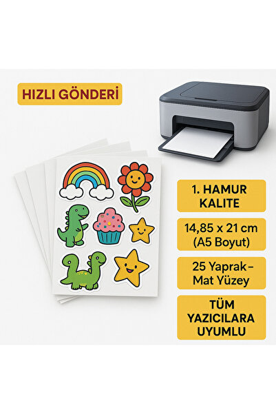OzmeralBaskı 25 Adet Yapışkanlı Mat A5 Etiket Kartuşlu Mürekkepli Tüm Yazıcıl...