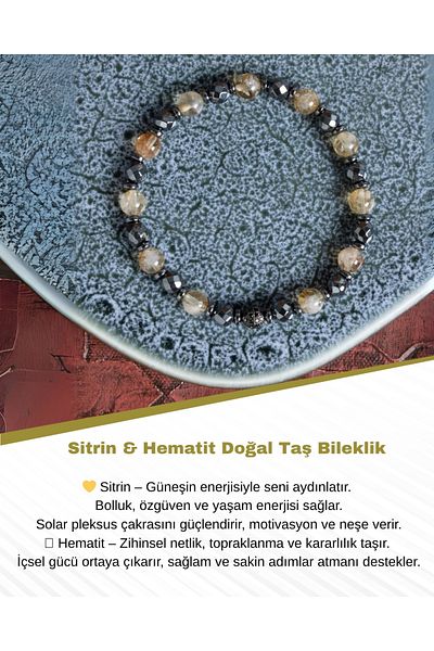 Saff Doğal Taş Certified Citrine & Hematite Natural Stone Bracelet