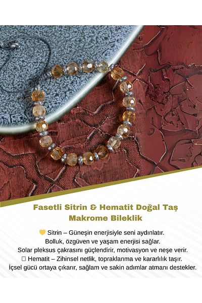 Saff Doğal Taş Certified Faceted Citrine & Hematite Natural Stone Macrame Bracelet