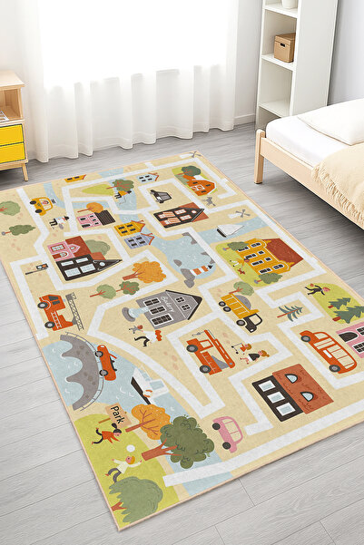 Realhomes Canlı Renklerde Şehir Temalı Yıkanabilir Kaymaz Taban Çocuk Odası H...