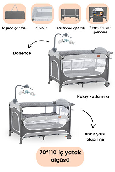 Gulz Atlas Plus Anne Yanı Sallanır Cibinlikli Dönenceli Oyun Parkı Bebek Beşi...