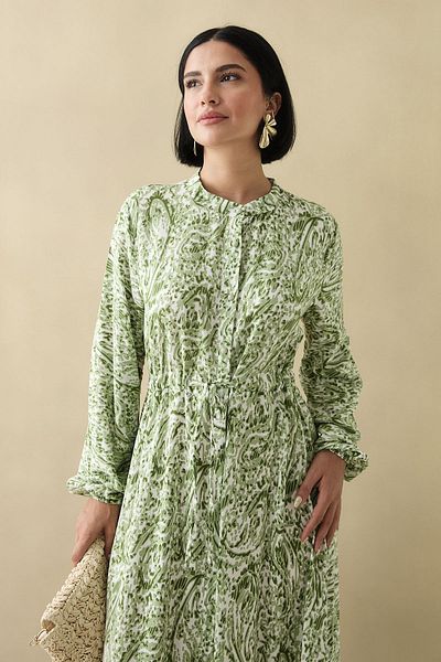 InStyle Rochie verde fistic din viscoză cu model retro mixt