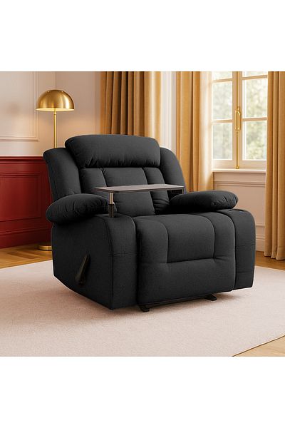 BACK COMFORT Linen Rocking & Rotating Recliner Chair with Laptop Table & Cups Holder - Black - ComfortNest PLUS